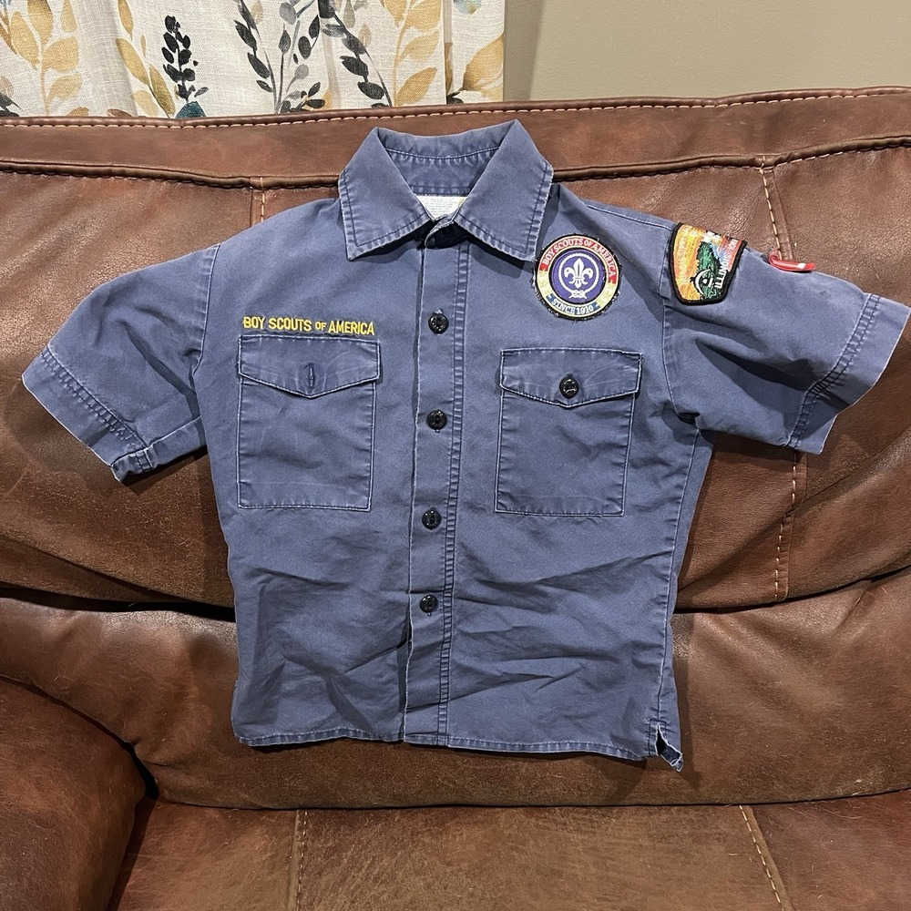Boy Scouts Of America Shirt Youth Small Blue Button Up Patches‎